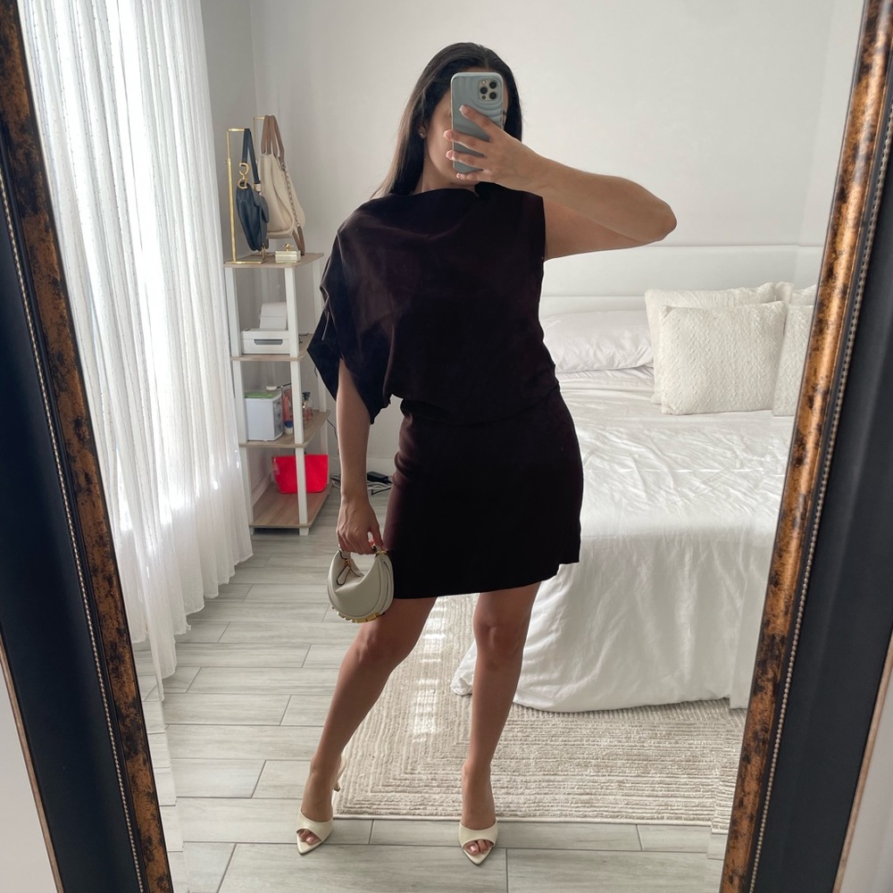 Zara Chocolate Brown Asymmetrical Draped Mini Dress Size L